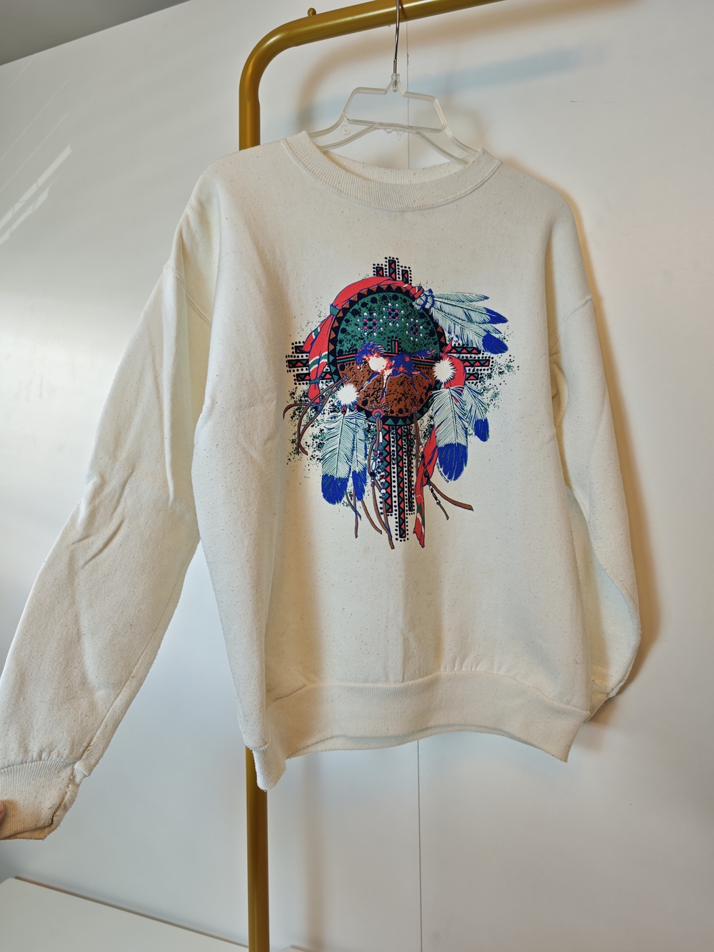 Vintage 90s Western Cream Crewneck Sweatshirt with Multicolor Feather Horse